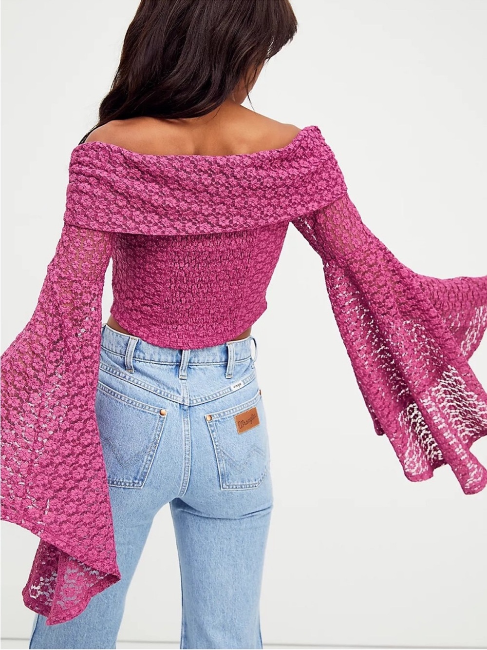 ✨ Free People Lace Off-the-Shoulder Bell Sleeve Crop Top – Medium ✨